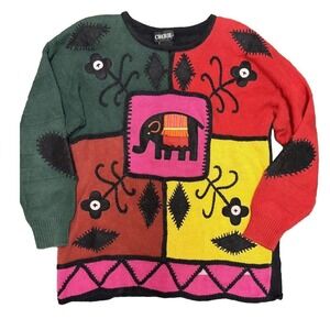 Elephant Novelty Sweater Womens L Knit Colorblock‎ Embroidery Eclectic Abstract